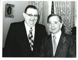 ["Black and white photograph of Carl Albert and Tom Carey. March 1976"]