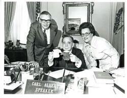 ["Black and white photograph of Carl Albert with Mr. and Mrs. Ray David of McAlester, Oklahoma. April 14, 1976"]