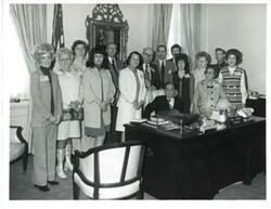 ["Black and white photograph of Carl Albert with communication workers from Tulsa, Oklahoma. March 27, 1973"]