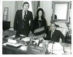 ["Black and white photograph of Carl Albert with Bill and Sheila Duncan. March 27, 1973"]