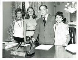 ["Black and white photograph of Carl Albert with Kimberly Gann. July 1974"]