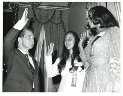 ["Black and white photograph of Carl Albert with Alisa Faye Greer and Aldine Mahina Canha. Summer 1972"]