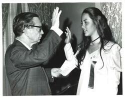 ["Black and white photograph of Carl Albert with Aldine Mahina Canha. Summer 1972"]