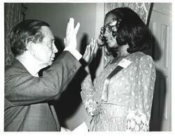 ["Black and white photograph of Carl Albert with Alisa Faye Greer. Summer 1972"]