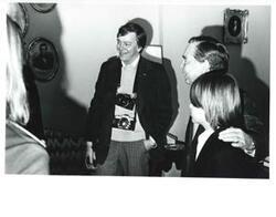 ["Black and white photograph of Carl Albert with Jim Hartz family. March 17, 1975"]
