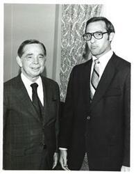 ["Black and white photograph of Carl Albert with Mr. Hobbs of McAlester, Oklahoma."]