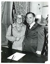 ["Black and white photograph of Carl Albert with Jessie Ward Irvin of Heavener, Oklahoma. October 21, 1975"]