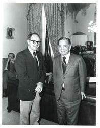 ["Black and white photograph of Carl Albert with Joe Johnson of Heavener, Oklahoma. May 1975"]