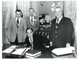 ["Black and white photograph of Carl Albert with Fred Jones, Edward Kitchens, and Leo Thurman. March 5, 1975"]