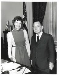 ["Black and white photograph of Carl Albert with Patience Latting, mayor of Oklahoma City, Oklahoma. October 18, 1971"]