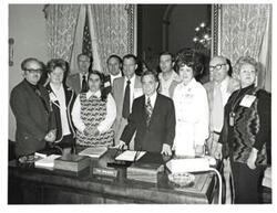 ["Black and white photograph of Carl Albert with members of Communications Workers of America. March 20, 1974"]