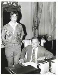 ["Black and white photograph of Carl Albert with Alan Mauldin of Stroud, Oklahoma."]
