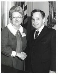 ["Black and white photograph of Carl Albert with Helen Massingale of Hugo, Oklahoma. March 7, 1973"]