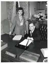 ["Black and white photograph of Carl Albert with Mrs. Fred Olds. March 1974"]