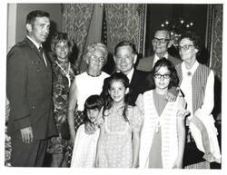 ["Black and white photograph of Carl Albert with Mr. and Mrs. Jay Smith of Walters, Oklahoma. May 24, 1972"]