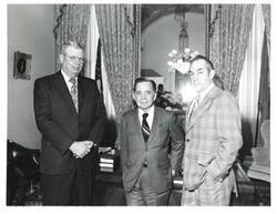 ["Black and white photograph of Ellis Freeny, John Dunn, Carl Albert, and Creede Speake. Representatives of the Oklahoma Cattlemen's Association. February 19, 1975"]