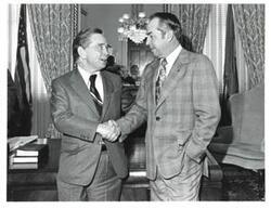 ["Black and white photograph of Carl Albert with Creede Speake. February 19, 1975"]