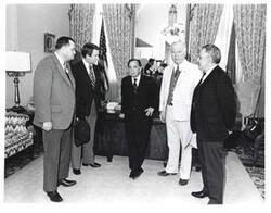 ["Black and white photograph of Carl Albert with Wes Watkins, ? Dahl, Joe Hall, and Frank Spagna. January 28, 1975"]