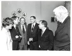 ["Black and white photograph of Carl Albert, Thomas P. O'Neill, Wes Watkins, John J. McFall, John Brademas, Lou Watkins, and an unknown woman. September 1976"]