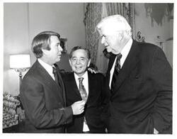 ["Black and white photograph of Carl Albert, Thomas P. O'Neill, and Wes Watkins. September 1976"]