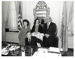 ["Black and white photograph of Carl Albert with Jane Lawton, Judge ? West, and the same unidentified woman in #4731."]