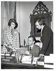 ["Black and white photograph of Carl Albert with Ben Williamson and Donald Maxwell. April 3, 1973"]