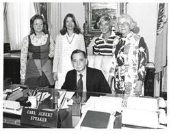 ["Black and white photograph of Carl Albert and David Albert with Ceci Wolfe family."]