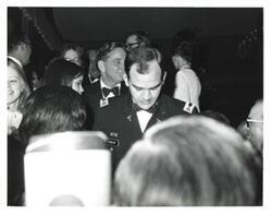 ["Black and white photograph of Carl Albert at a banquet."]