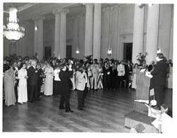 ["Black and white photograph of Carl Albert speaking at the American Revolution Bicentennial Ball in Oklahoma. October 2, 1976"]