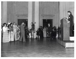 ["Black and white photograph of American Revolution Bicentennial Ball in Oklahoma. October 2, 1976"]
