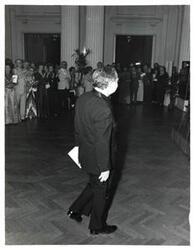 ["Black and white photograph of Carl Albert approaching the speaker's stand. American Revolution Bicentennial Ball in Oklahoma. October 2, 1976"]