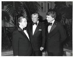 ["Black and white photograph of Carl Albert and George Nigh with an unidentified man at the American Revolution Bicentennial Ball in Oklahoma. October 2, 1976"]