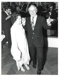 ["Black and white photograph of Mary Albert on the dance floor with an unidentified man. American Revolution Bicentennial Ball in Oklahoma. October 2, 1976"]