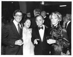 ["Black and white photograph of Joel Jankowsky, Mary Albert and Carl Albert and an unidentified woman at the American Revolution Bicentennial Ball in Oklahoma. October 2, 1976"]