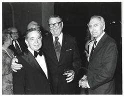 ["Black and white photograph of Carl Albert with two men at the American Revolution Bicentennial Ball in Oklahoma. October 2, 1976"]