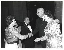 ["Black and white photograph of Carl Albert, Mary Albert, and guests at the American Revolution Bicentennial Ball in Oklahoma. October 2, 1976"]