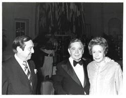 ["Black and white photograph of Carl Albert with guests at the American Revolution Bicentennial Ball in Oklahoma. October 2, 1976"]