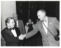 ["Black and white photograph of Carl Albert at the American Revolution Bicentennial Ball in Oklahoma. October 2, 1976"]