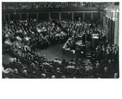 ["Black and white photograph of  Gerald R. Ford speaking at a joint session of Congress. Carl Albert and James O. Eastland also shown. October 8, 1974"]