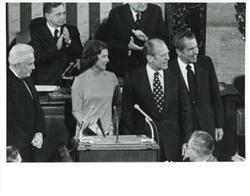["Black and white photograph of  Warren E. Burger, Betty Ford, Gerald R. Ford, Richard M. Nixon, and Carl Albert. December 6, 1973"]