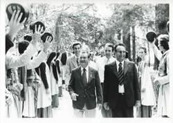["Black and white photograph print of Clement Zablocki standing with several other men. House delegation trip. August 1975"]