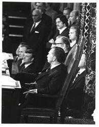 ["Carl Albert and Nelson A. Rockefeller during Gerald R. Ford's State of the Union address."]