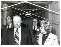 ["Gerald R. Ford with Malvina Stephenson. Joe Foote is behind them."]