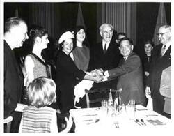 ["Carl Albert and John W. McCormack with Lady Bird Johnson and Lynda Bird Johnson at a luncheon held by Mr. and Mrs. Wright Patman. January 9, 1965"]