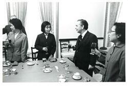 ["Carl Albert greeting members of the Chinese delegation."]