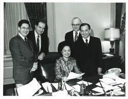 ["Standing from right: Carl Albert, Tom Steed, and Ed Edmondson. Others unidentified."]