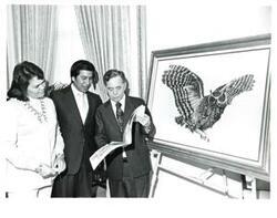 ["Carl Albert with Mr. and Mrs. Kelly Haney. March 1976"]