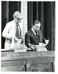 ["Carl Albert (right) at a conference on the economy. July 24, 1975"]