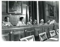 ["From left: two unidentified, Henry Waxman, James C. Wright, Wright Patman, and Carl Albert at a conference on the economy. July 24, 1975"]