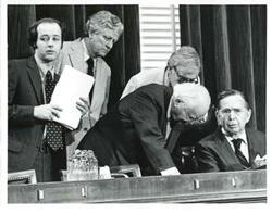 ["Wright Patman and Carl Albert at the conference on the economy. July 24, 1975"]